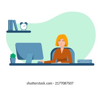 Sad woman at work. Fatigue at work. Burnout at work. Character design. Vector illustration in flat style.