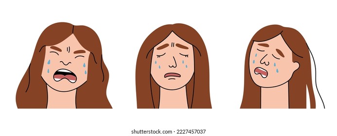 Sad women cry with pain and grief. Sobbing girls flat characters shed tears, expresses the emotions of misfortune and despair. Isolated. Vector illustration.