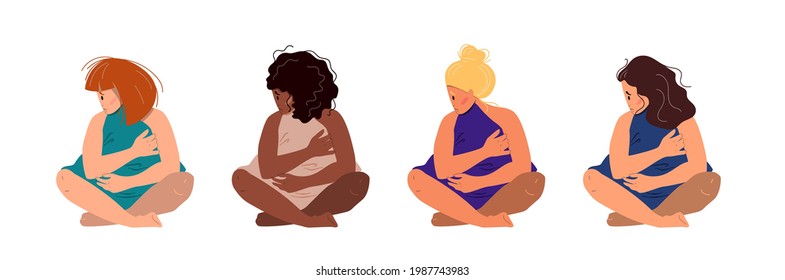Sad women of different ethnicity sitting on the floor hugging pillow. Concept of mental disorder. Colorful vector illustration in flat cartoon style.