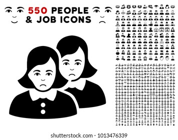 Sad Women icon with 550 bonus pity and glad person design elements. Vector illustration style is flat black iconic symbols.