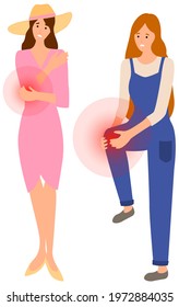Sad women suffering from pain in joints of arm and leg. Patients touching their sore body parts. Painful sensations of sick people. Female characters grabs their hands to sore knee and elbow