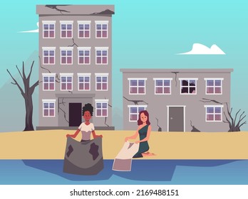 Sad women washing clothes in pond, destroyed city landscape, flat vector illustration. Concepts of water scarcity, drought and natural cataclysm. People suffering from dehydration and malnutrition.