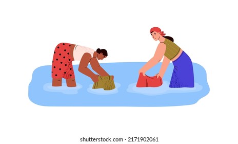 Sad women washing clothes in puddle or river, water scarcity concept - flat vector illustration isolated on white. African characters suffering from water scarcity and poverty. Climate change problem.