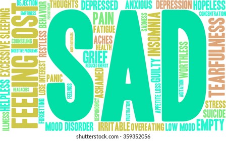 Sad word cloud on a white background. 