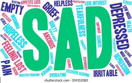 Sad word cloud on a white background. 