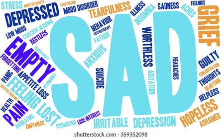 Sad word cloud on a white background. 