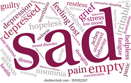 Sad word cloud on a white background. 