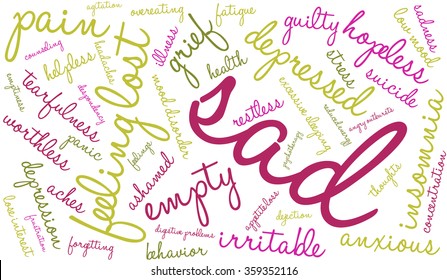 Sad word cloud on a white background. 