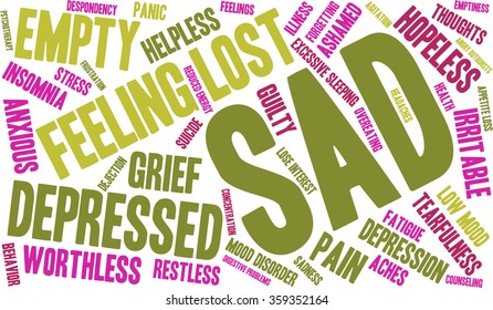 Sad word cloud on a white background. 