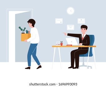 Sad worker lose a job and carrying box with his things. Angry boss sitting at the desk and dismisses employee. Flat vector cartoon modern concept illustration.