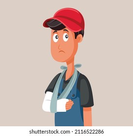 
Sad Worker Suffering From An Work Injury Vector Illustration. Man Working In Construction With No Health Insurance Taking Unpaid Medical Leave
