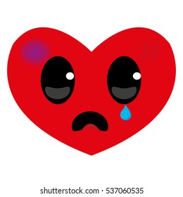 Sad and wounded heart, hurt red heart, with sad face, character, vector, eps.