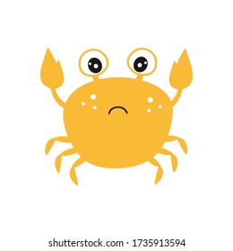 Sad yellow crab on a white background. Children's vector cartoon illustration, cartoon character. Drawing for children's room design, clothing, textiles. Isolated icon of a crab.