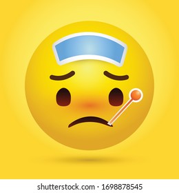 Sad yellow emoji got a fever with a fever thermometer and a fever reducing patch on head. Vector EPS10.