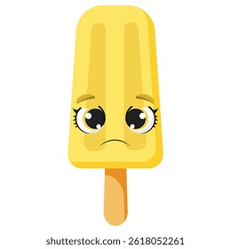Sad yellow ice cream with cute face and expressive eyes on white background