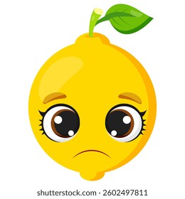 Sad yellow lemon with big expressive eyes and a green leaf. Ideal for food-related designs, organic product branding, healthy lifestyle promotions, juice labels