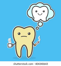 Sad yellow tooth with coffee and cigarette remembers he was before. Teeth whitening and bleaching concept. Vector illustration