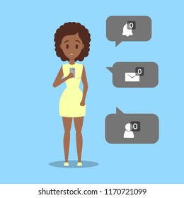 Sad young african american woman holding mobile phone with no message sign. Loneliness concept. Isolated flat vector illustration