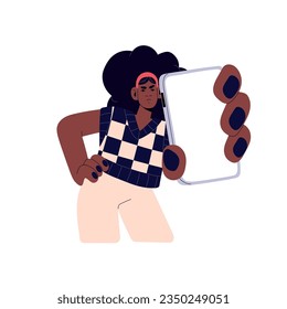 Sad young black woman shows smartphone. Unhappy character holds smart phone in hand, girl use and showing mobile, dissatisfied person with afro. Flat isolated vector illustration on white background