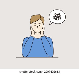 Sad young boy in bad mood with tangle of messy thoughts in head. Anxiety, negative, emotions, depression, stress, mental health concept. Hand drawn cartoon character isolated on background.