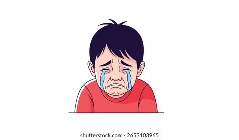 Um menino triste chorando lágrimas de tristeza expressando profunda infelicidade e angústia emocional