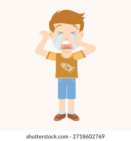 Niño triste llorando y limpiando lágrimas, sintiéndose infeliz o herido