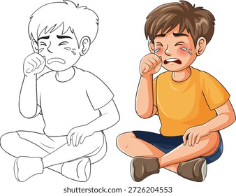 Un triste niño se sienta con las piernas cruzadas llorando en estilos de arte de colores y líneas