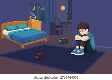 Sad young boy sitting alone while hugging his knees, showing loneliness, depression, and emotional distress in a quiet environment.