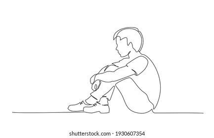Sad young boy teenager sitting alone. Continuous one line drawing. Vector illustration