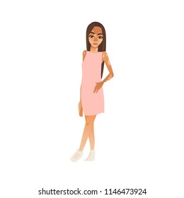 Sad young brunette woman with vitiligo skin disease . Spotted skin with wrong pigmentation girl in pink dress. Body positive concept. Vector flat isolated illustration
