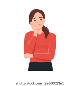 Sad young business woman with hand on chin. Flat vector illustration isolated on white background