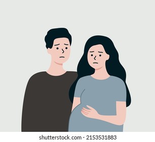 Sad young couple experiencing miscarriage. Unhappy man and woman characters worried about childbirth. Baby lost, Pregnancy problem, depression, abortion concept. Flat people vector illustration.