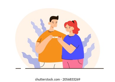 Sad young couple holding negative pregnancy test. Unhappy male and female characters standing together. Infertility, miscarriage, baby lost concept. Modern flat vector illustration