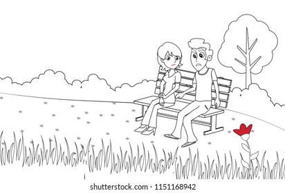 Sad Young Couple Sitting in the Park Bench