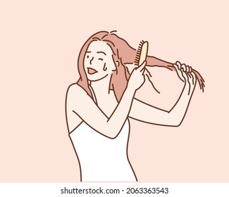 Sad young cute girl is looking at her damaged hair with shock.Hand drawn style vector design illustrations.