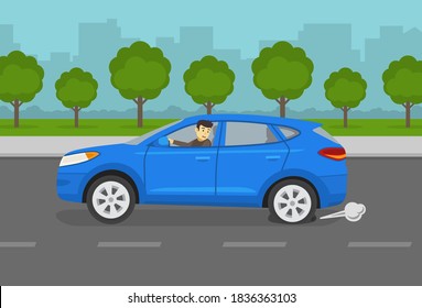 Sad young driver looking at a rear punctured wheel or flat tire while driving a car. Blue suv on the city road. Flat vector illustration template.