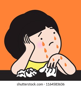 Sad Young Girl With Bitter Tears. Girl Crying And Wiping Tears With Tissue Paper Concept Card Character illustration