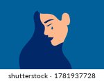 Sad young girl is crying on a blue background. Side view of weeping woman emotions grief. Human character vector illustration