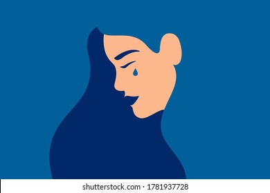 Sad young girl is crying on a blue background. Side view of weeping woman emotions grief. Human character vector illustration