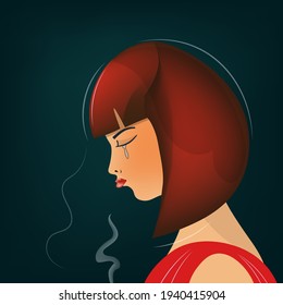 Sad young girl crying on a blue background. Side view of a crying woman expressing the emotion of grief. Loss of loved ones. Human character. Vector illustration on the theme of mental health.
