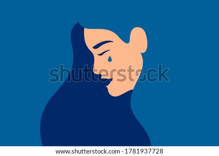 Sad young girl is crying on a blue background. Side view of weeping woman emotions grief. Human character vector illustration