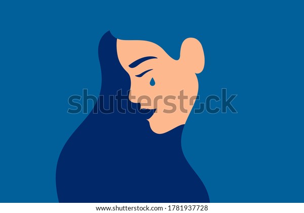 Sad young girl is crying on a blue\
background. Side view of weeping woman emotions grief. Human\
character vector\
illustration
