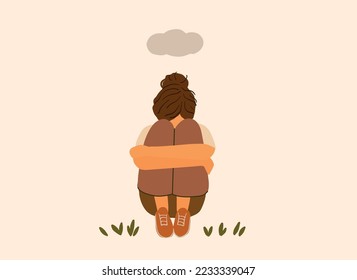 Sad young girl. Crying woman hugging her legs. Flat vector illustration. Bad mood, melancholy, negative emotions concept.