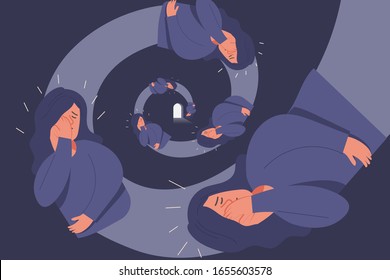 sad young girl in depression fall down in spiral illusion on her mind, mental health concept, cartoon female character flat vector illustration