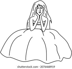 A Sad Young Girl With Disheveled Hair Is Sitting In A Ball Gown, Propping Her Face With Her Hands. A Simple Drawing, Digital Line Art