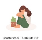 Sad young girl flat vector illustration. Bad mood, melancholy, sorrow, negative emotions concept. Crying woman hugging her legs and flowerpot cartoon character isolated on white background.