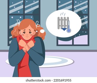 A sad young girl freezes in her house in winter. The concept of low temperature at home. Rising prices for heating, electricity and utilities. Vector illustration. Cartoon style