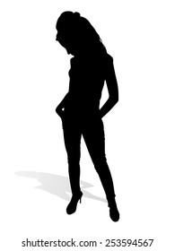 Sad young girl holding hands in pockets, standing and looking down, vector
