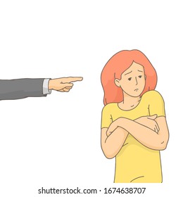 A sad young girl points in her direction with an index finger. The concept of accusation, shame, public censure or dismissal, vector illustration EPS.