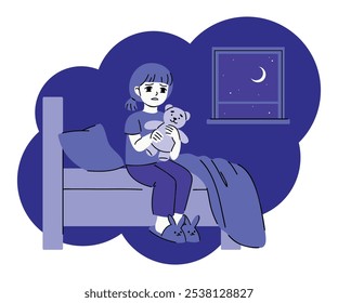 Niña triste se sienta en la cama sosteniendo su juguete de oso en las manos. Ilustración vectorial plana de un niño que tiene una pesadilla. Pesadilla de los niños, concepto de emoción de miedo. Arte para un artículo, publicidad, impresión.